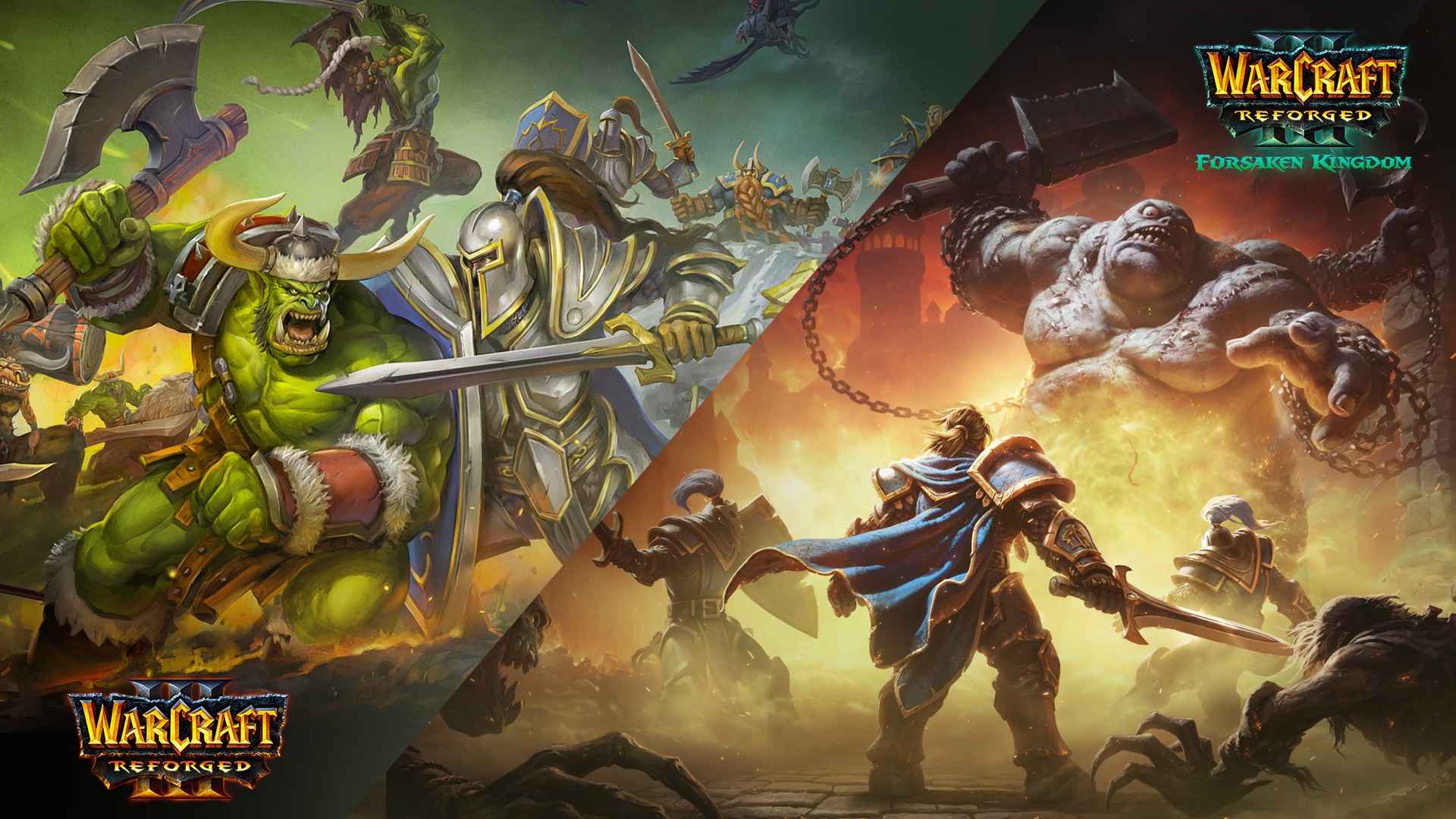 Warcraft III Reforged and Forsaken Kingdom promotional artwork with opposing armies