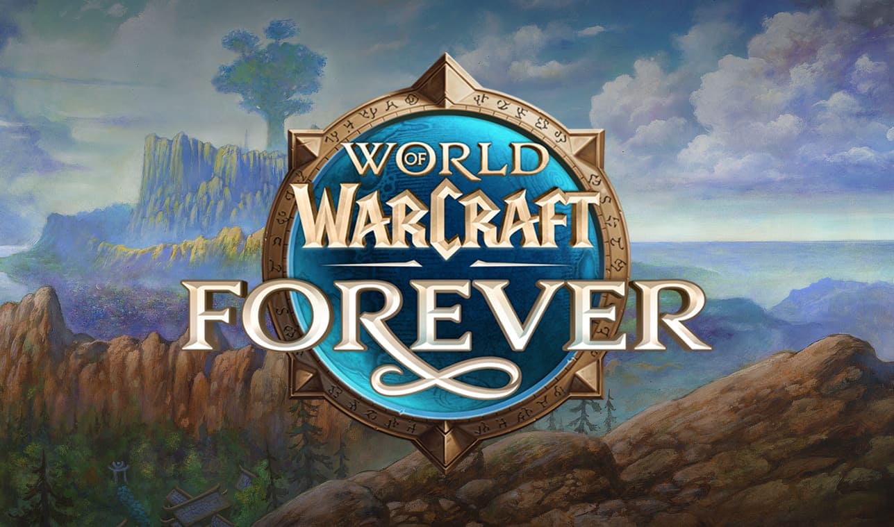 World of Warcraft Forever logo over an Azeroth landscape