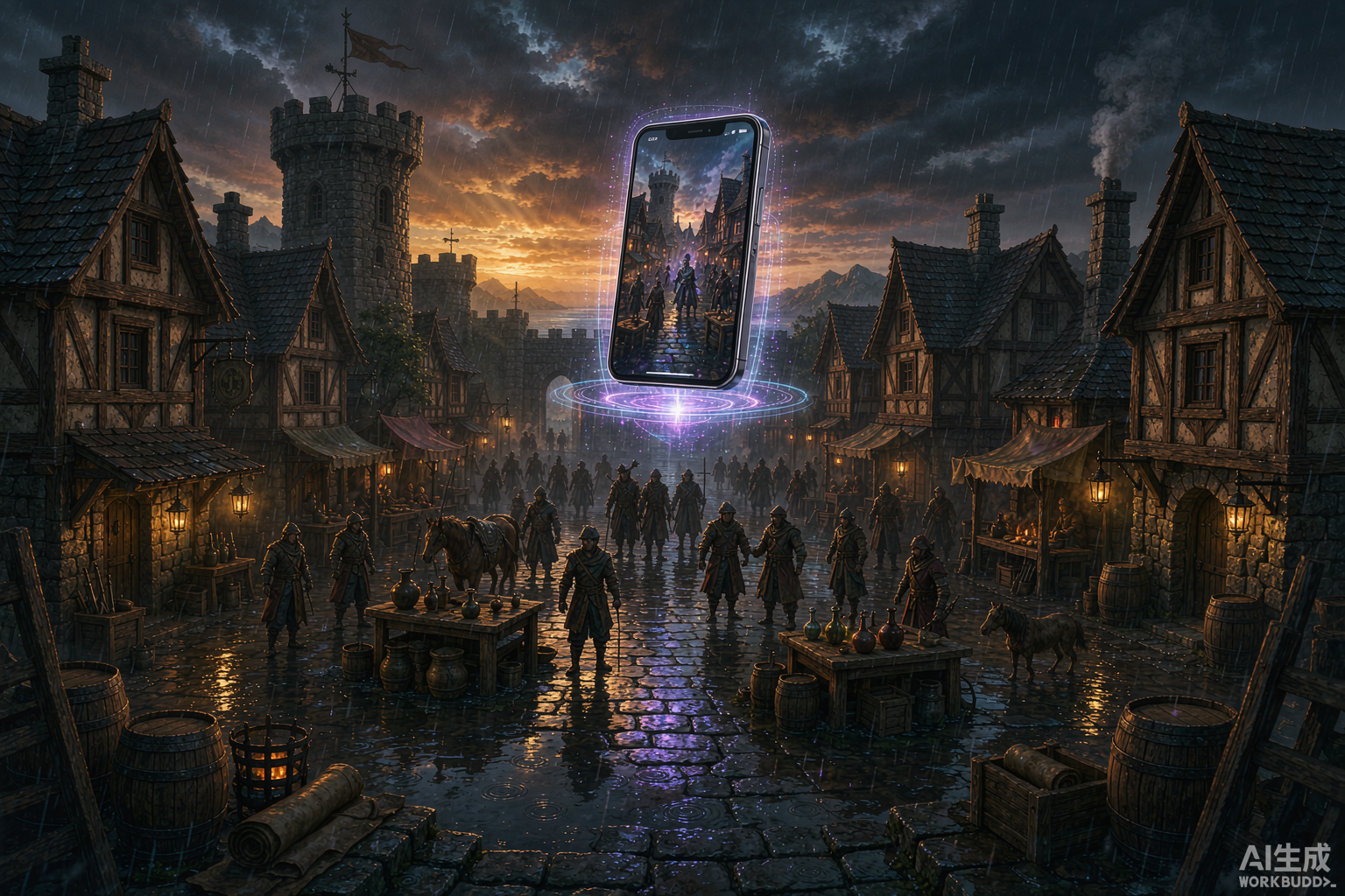 Editorial illustration of a classic fantasy village at dusk with cinematic modern lighting and a glowing holographic phone above the square