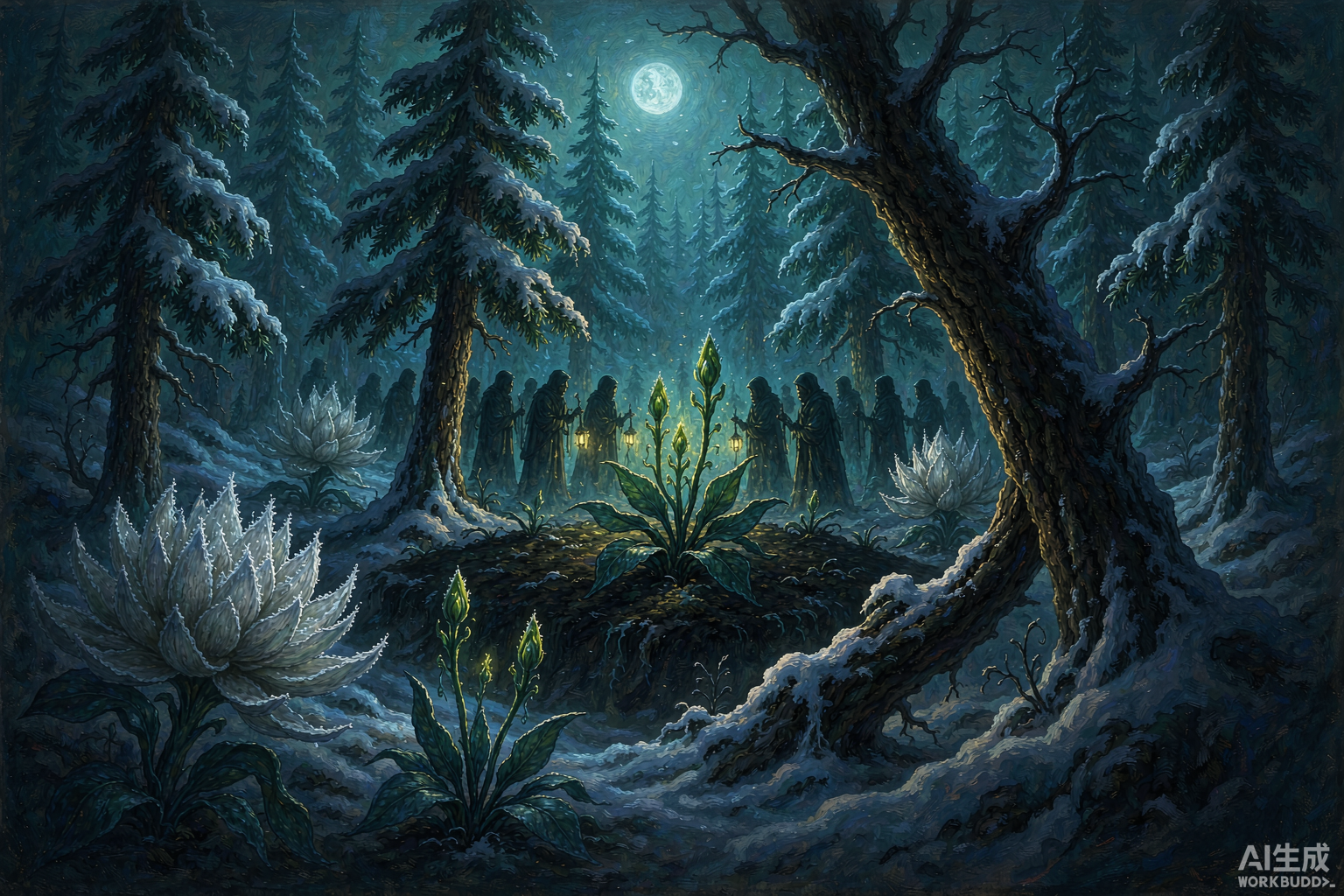 Editorial illustration of a moonlit snowy forest clearing with glowing rare herbs and cloaked figures gathering them in a line