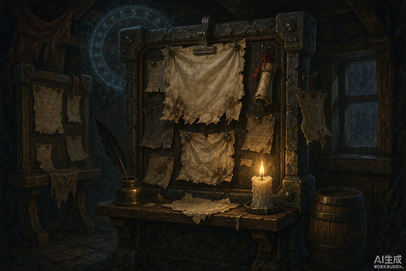 Editorial illustration of a tavern notice board covered in parchment patch notes, lit by candlelight
