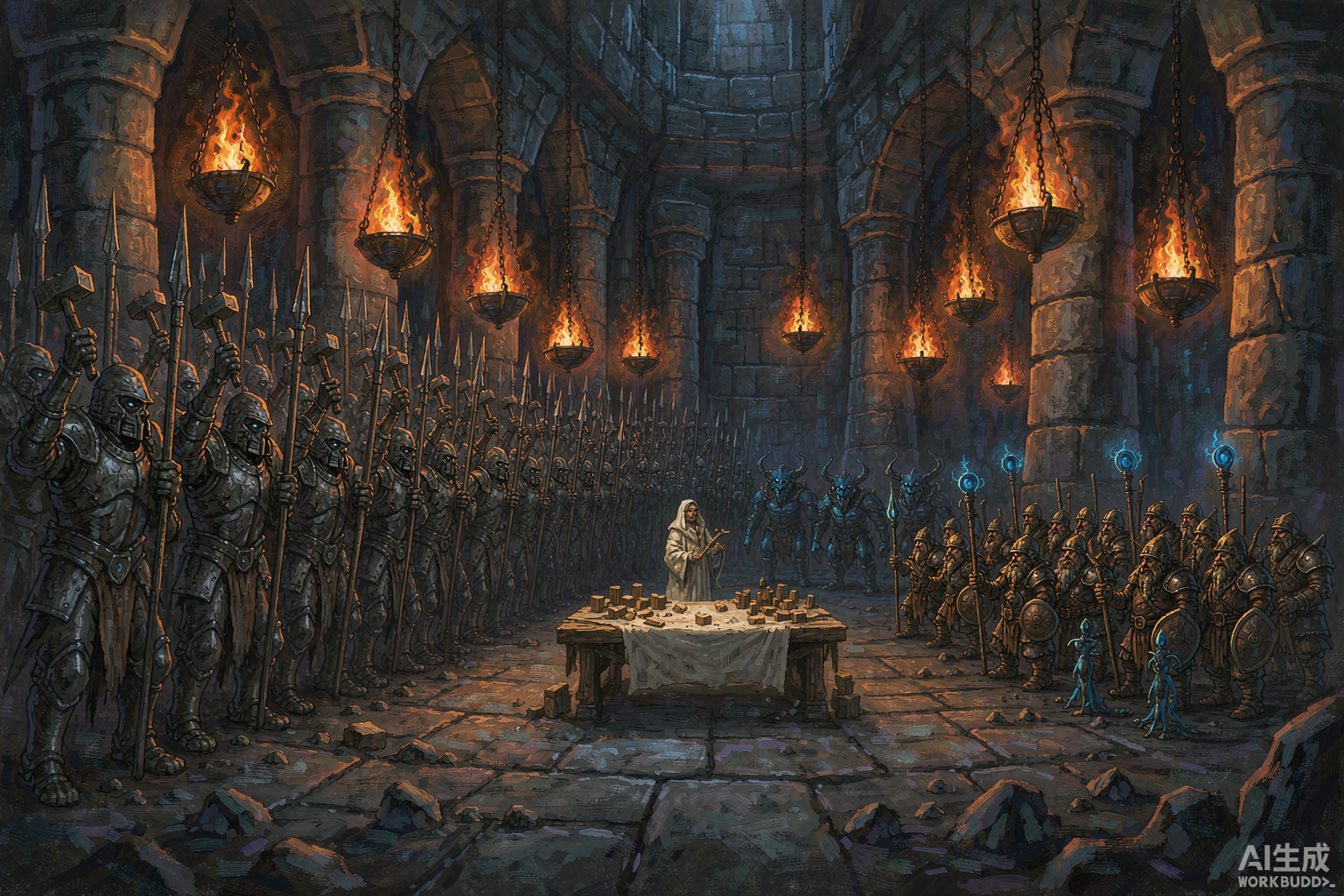 Editorial illustration: a stone census chamber where an oversized crowd of undead paladins in tarnished plate faces a small cluster of dwarves with totems planted at their feet, a surveyor comparing them from a counting table