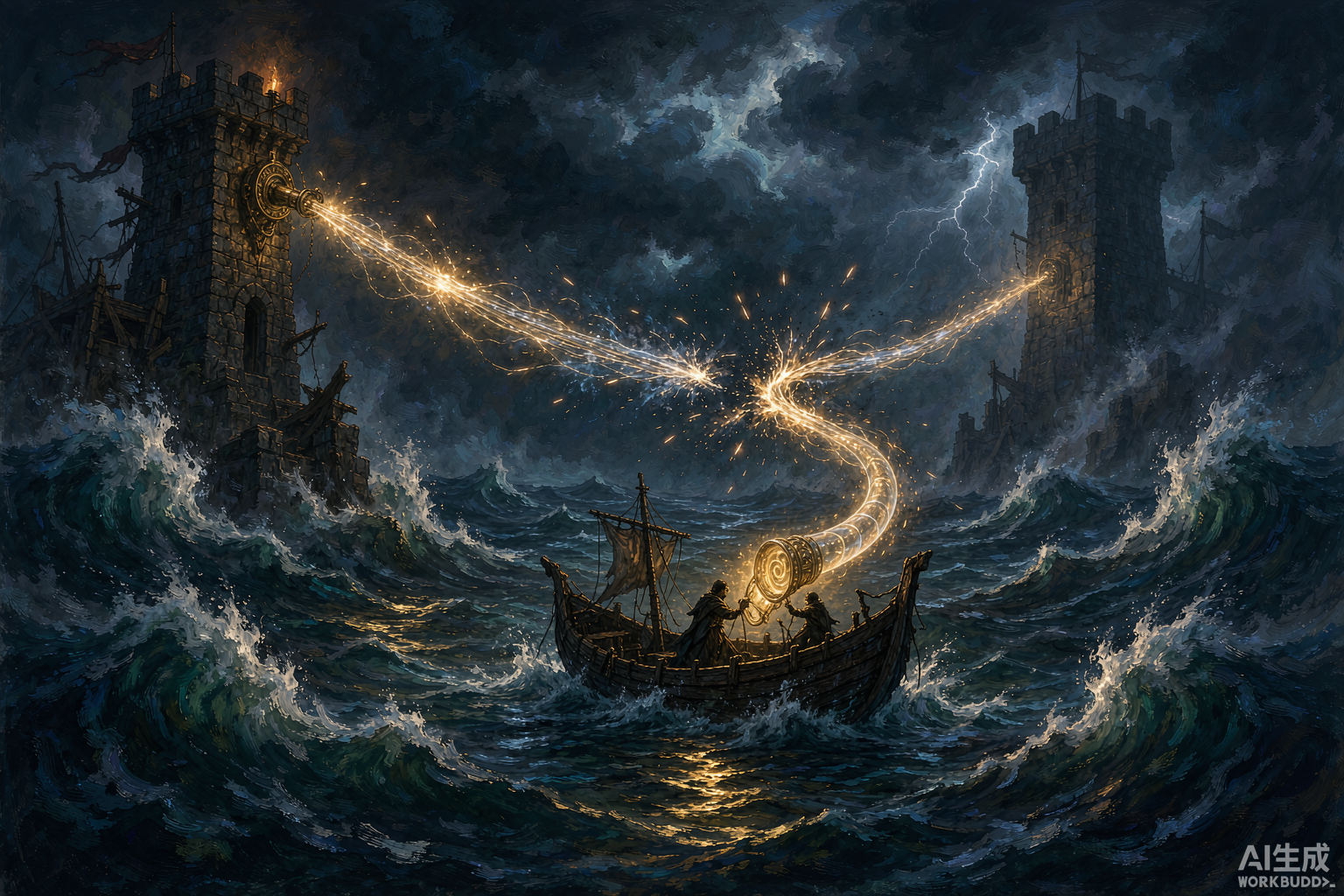 Editorial illustration: a glowing cable of light crossing a stormy ocean between two watchtowers, sparks breaking apart midway
