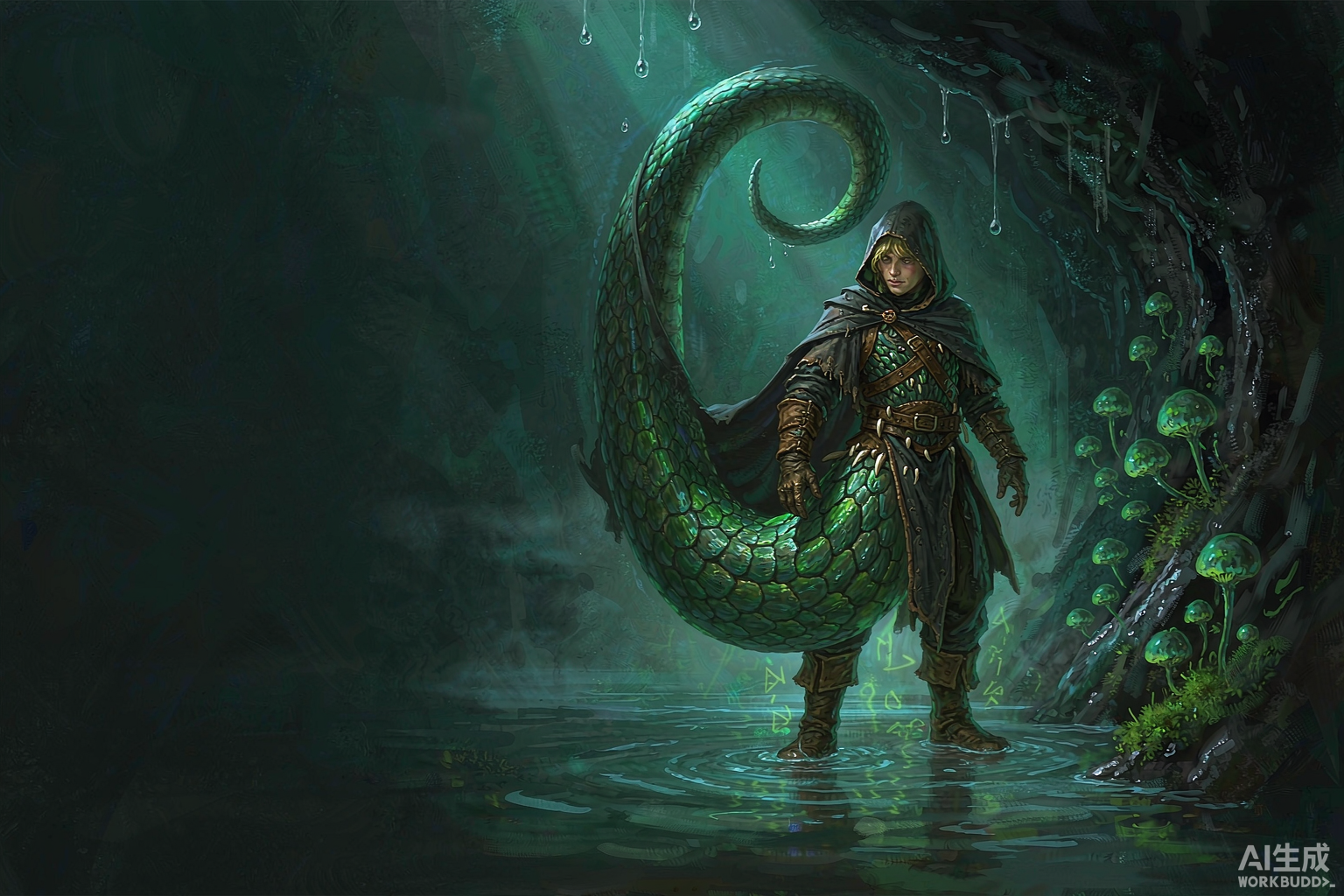 Editorial illustration: a leather-armoured adventurer in a flooded glowlit cavern, mid-transformation into an enormous coiled serpent, wearing a full set of fang-adorned armour