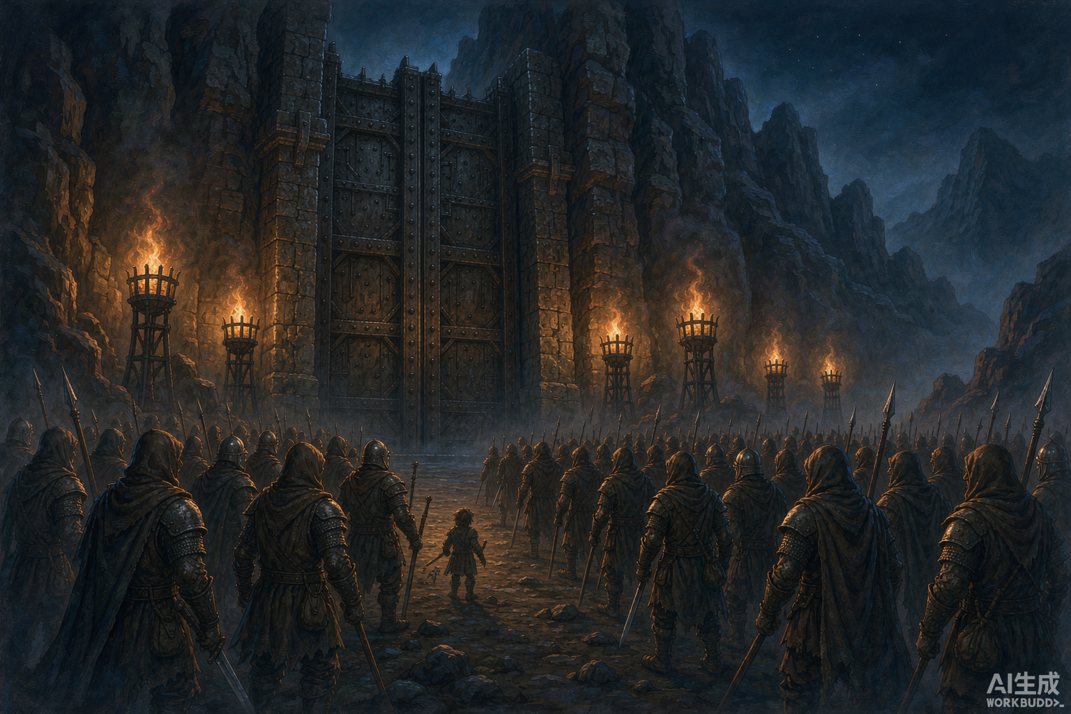 Editorial illustration: a vast crowd waiting in torchlight before a closed iron gate at night