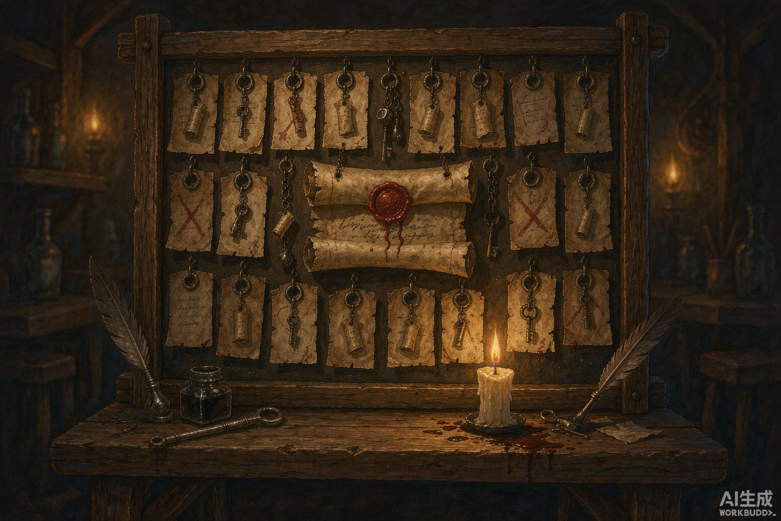 Editorial illustration of a tavern notice board covered in name tags, several crossed out in red ink, beside a sealed scroll