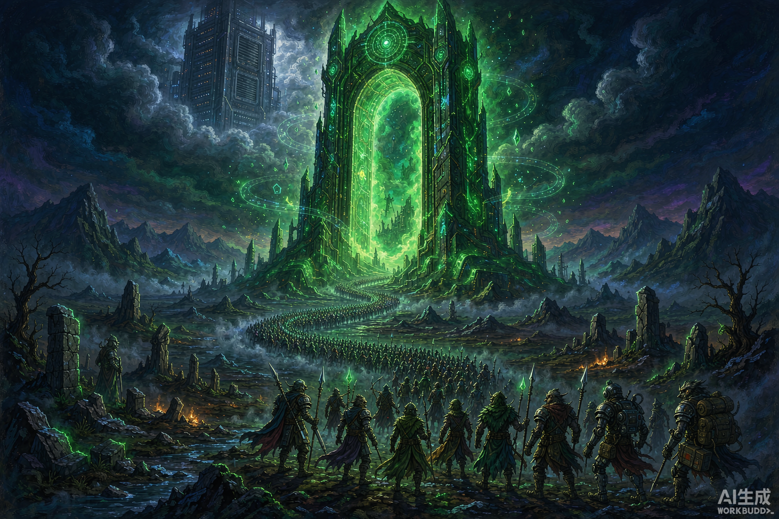 Editorial illustration: a glowing green portal tower over a kilometers-long queue of tiny adventurers under a night sky