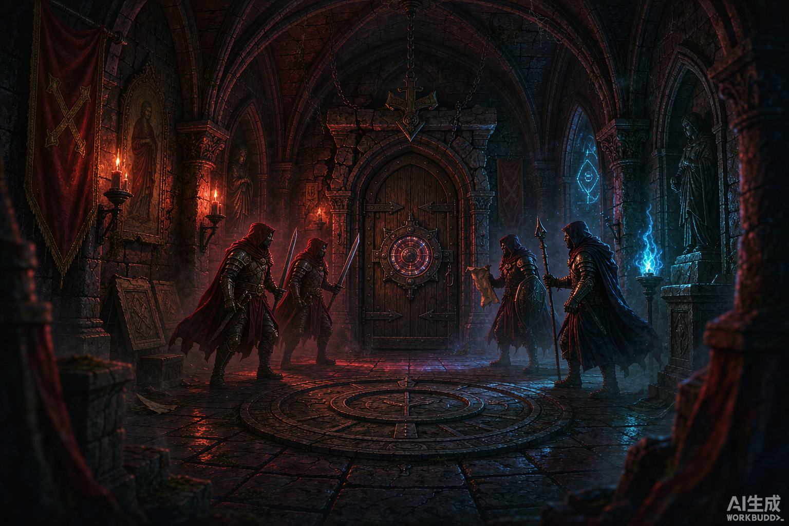 Editorial illustration of a Scarlet Monastery-inspired escape room with red and blue adventuring parties facing off