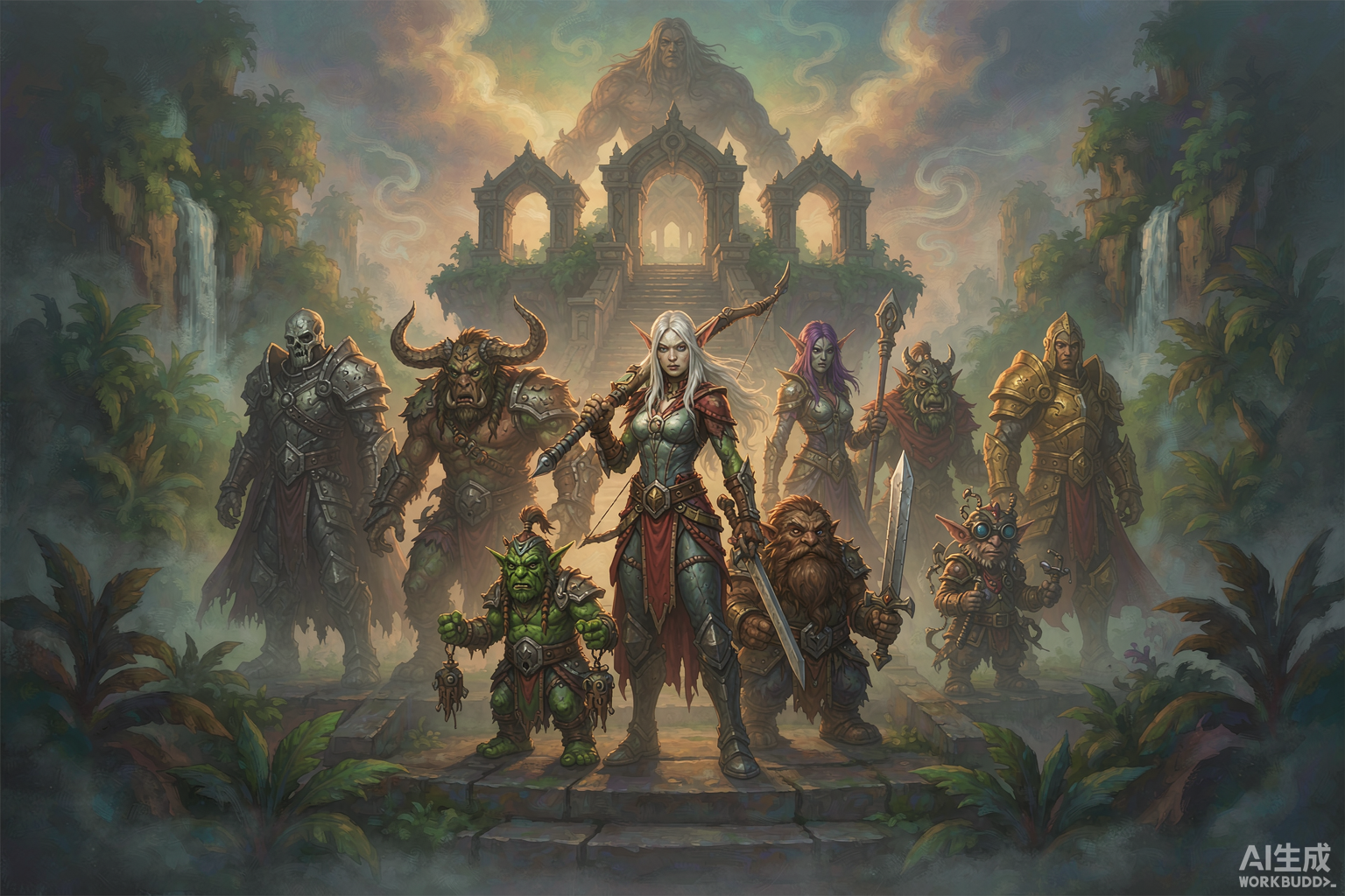 Editorial illustration: a line-up of adventurers of eight different fantasy peoples on a stone stairway beneath a floating island temple, two of them wreathed in wind motifs