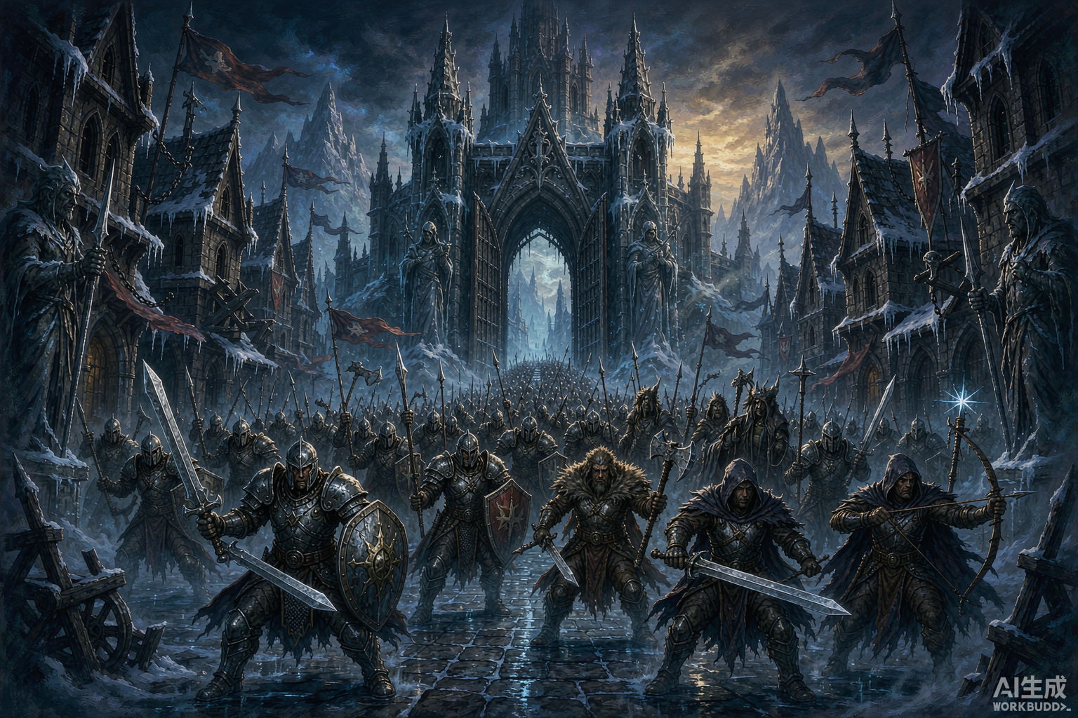 Editorial illustration: a dense crowd of armored adventurers pushing through frost-covered castle gates at dawn