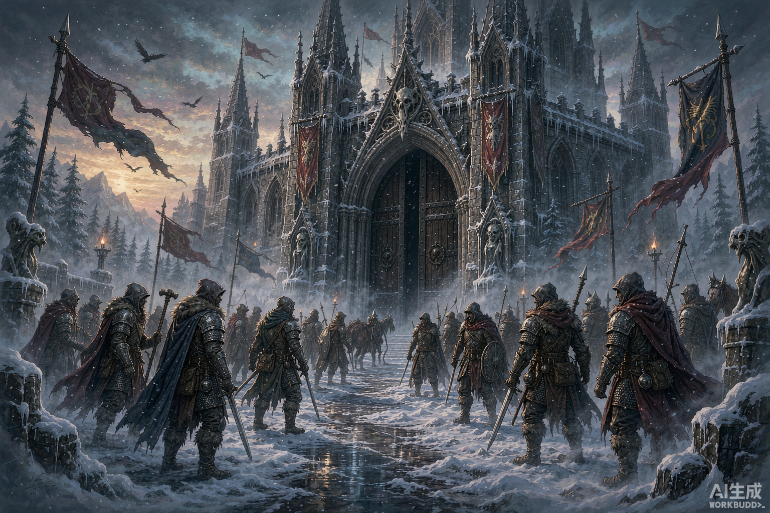 Editorial illustration: a crowd of cloaked adventurers gathered before the snow-covered gates of a gothic fortress at dawn