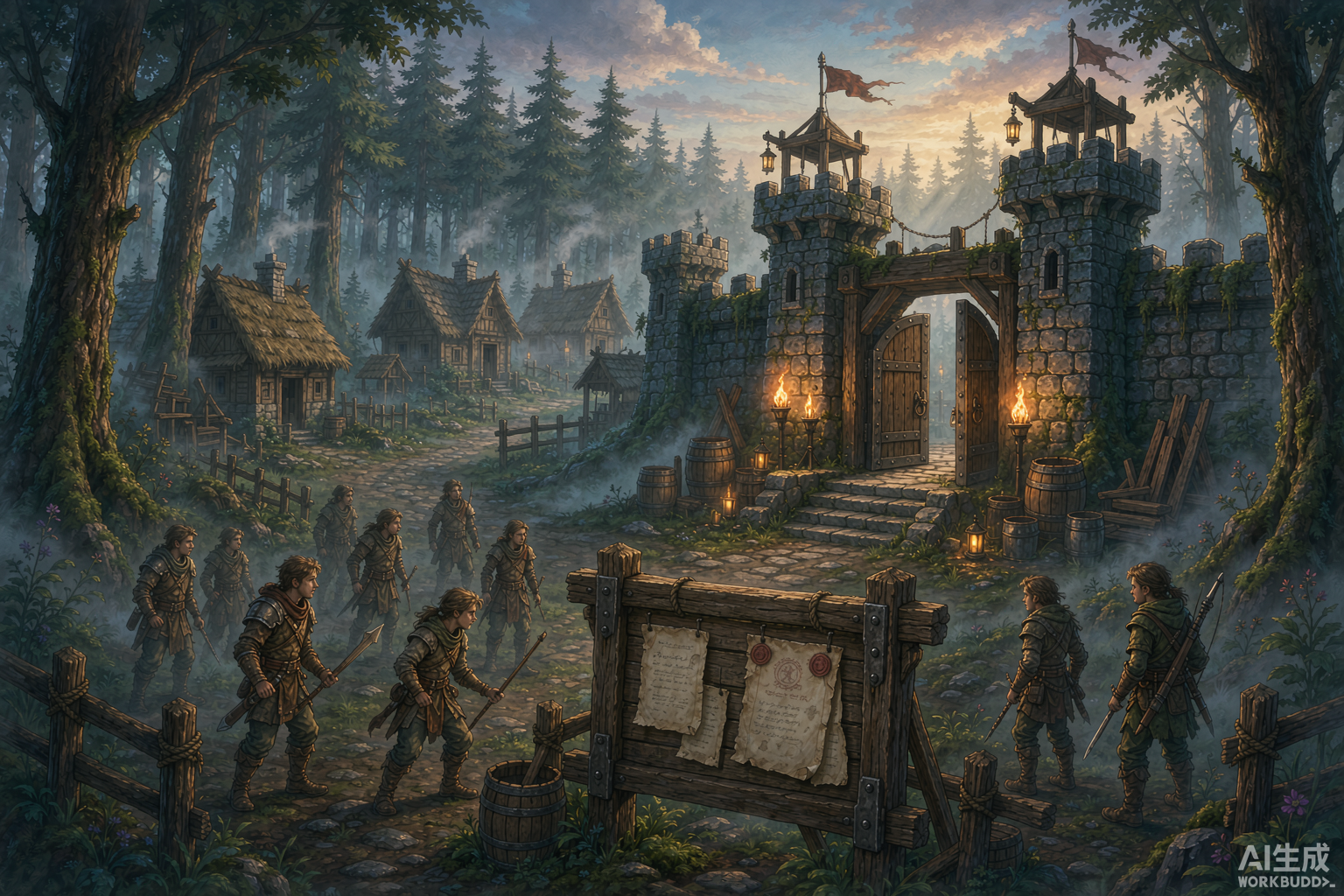 A small realm's early days: torch-lit gates, a bounty board and low-level adventurers