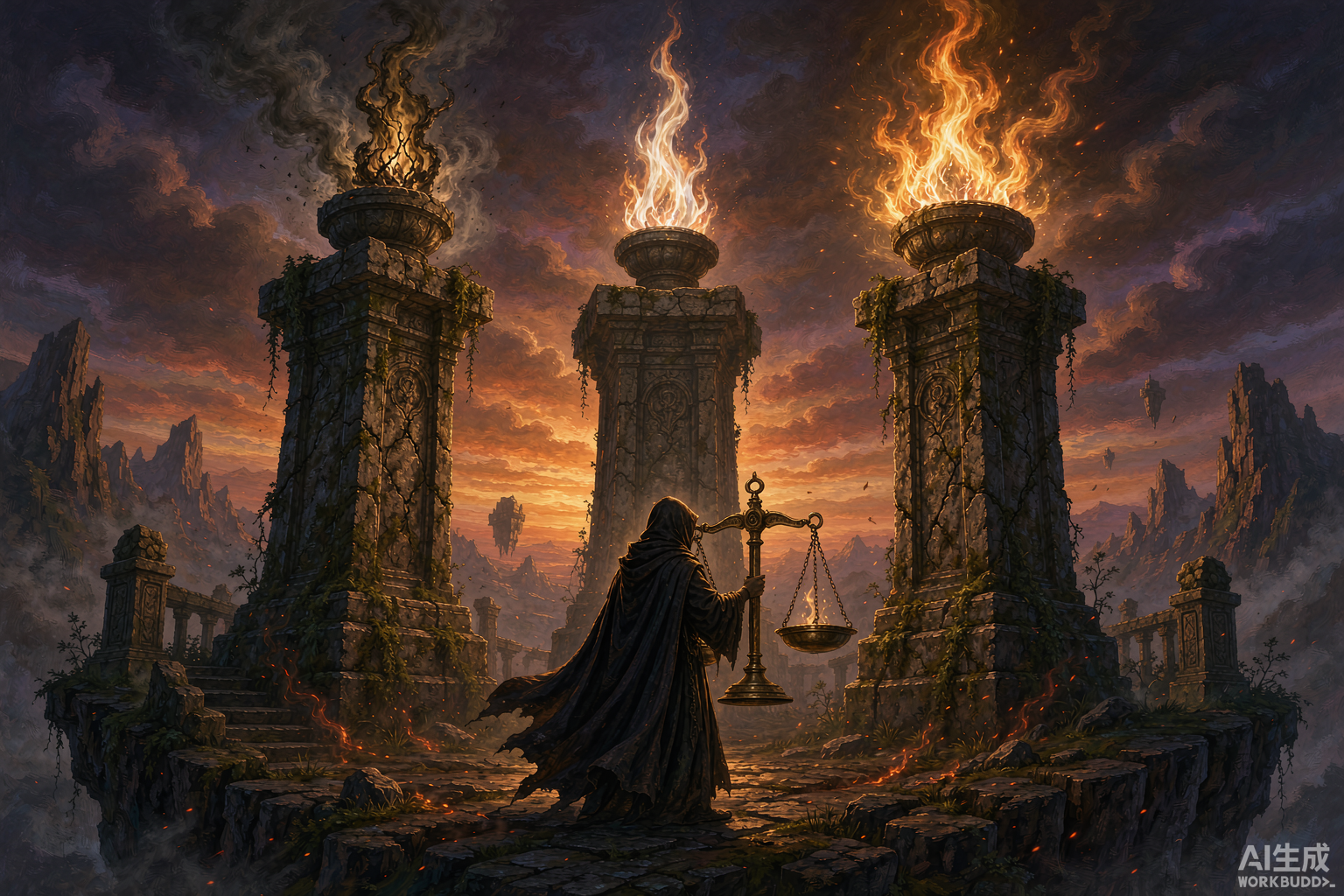 Editorial illustration: three stone pillars on a cliff at dusk, each holding a different torch flame, a hooded figure weighing two of them