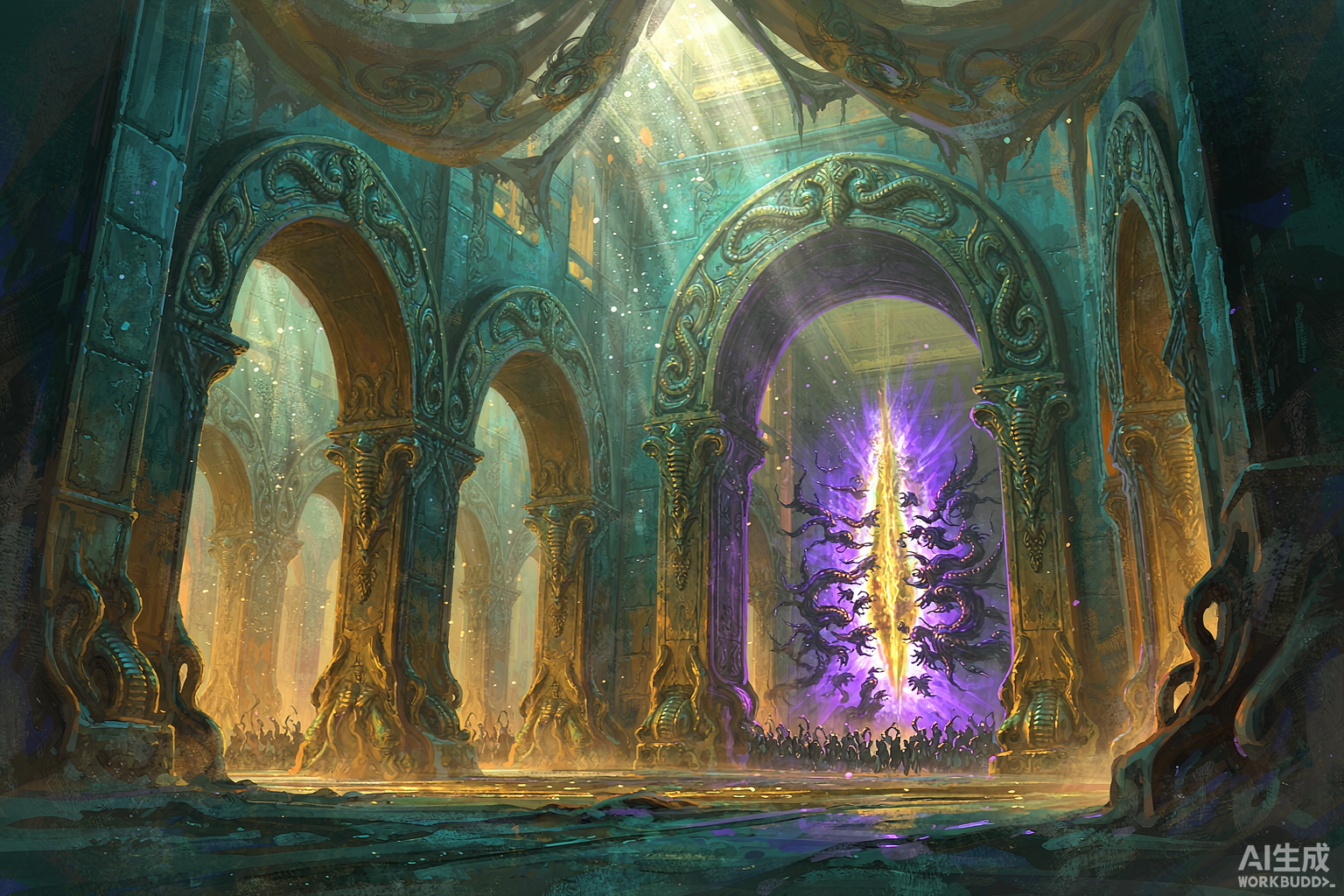 Editorial illustration: an ancient Amani vault where chitinous shapes press against a failing barrier of light