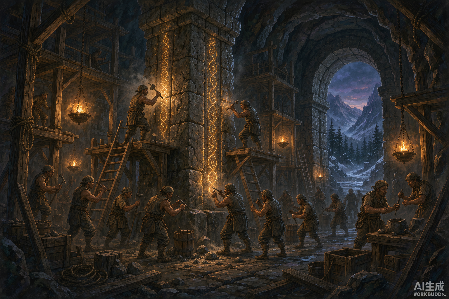 Editorial illustration: craftsmen carving glowing runes into a colossal pillar inside a lantern-lit mountain hall
