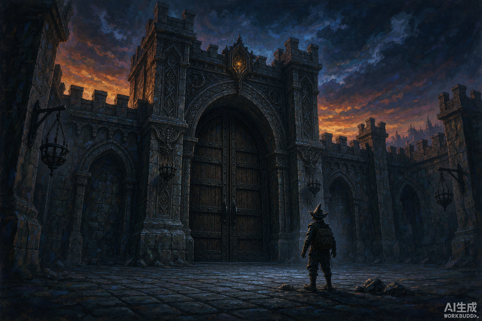 Editorial illustration: a lone adventurer facing darkened fantasy city gates at dusk