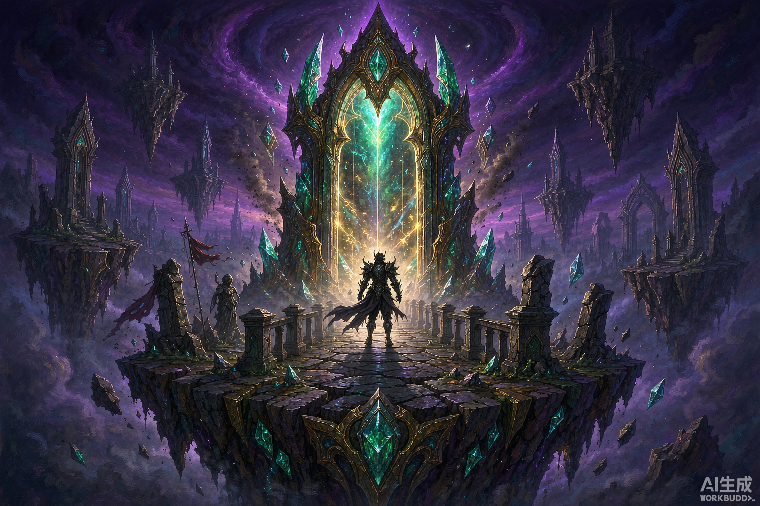 Editorial illustration: a lone armored figure on a stone bridge before a colossal crystalline gate above a broken floating island