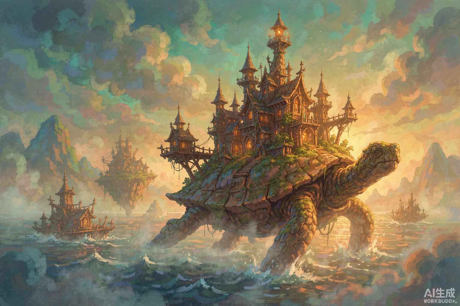 Editorial illustration: a turtle-shaped island carrying a fantasy city through golden mist, followed by smaller settlements