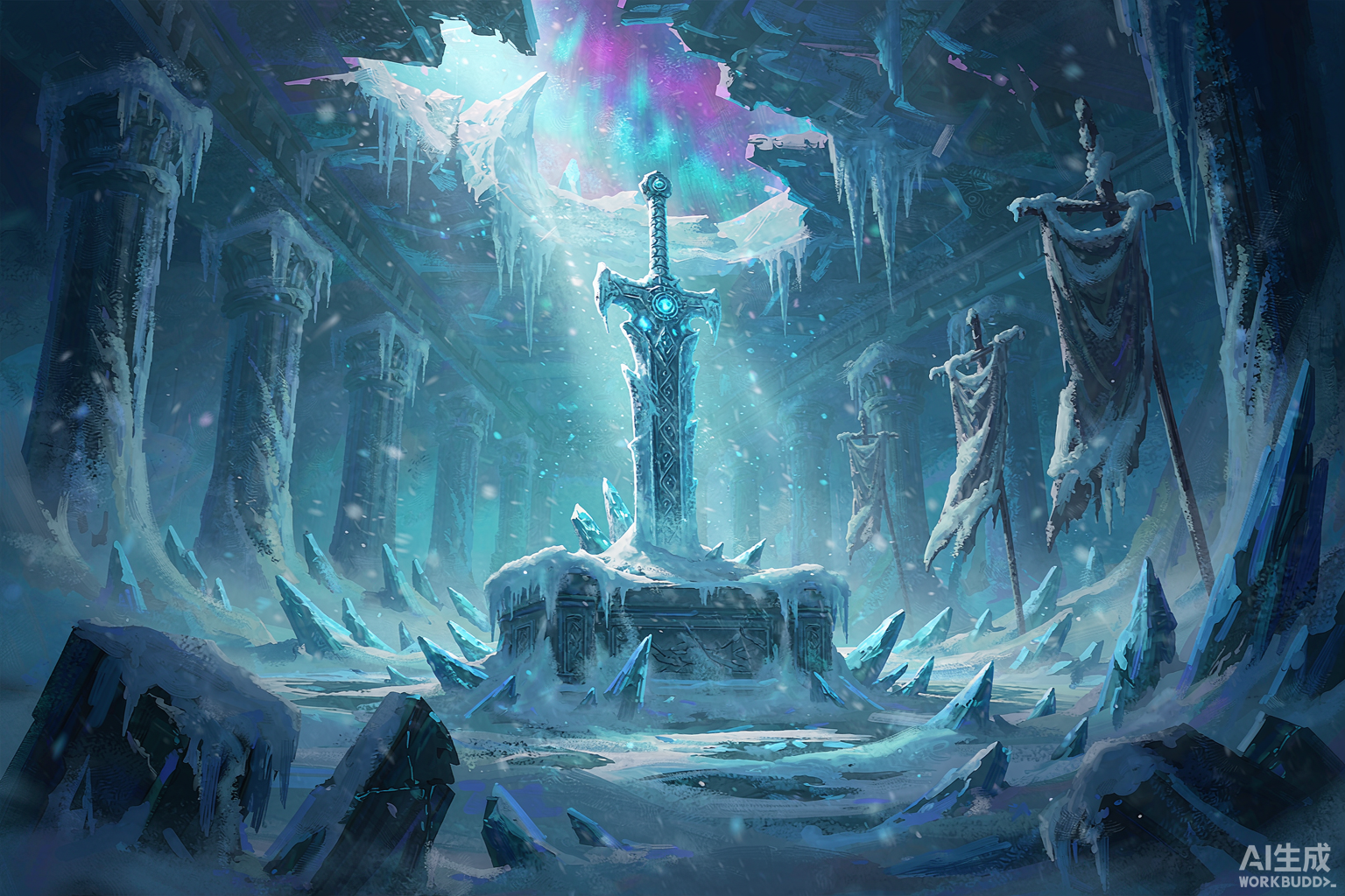 Editorial illustration: a rune-etched blade of blue ice driven into a frozen dais inside a shattered hall