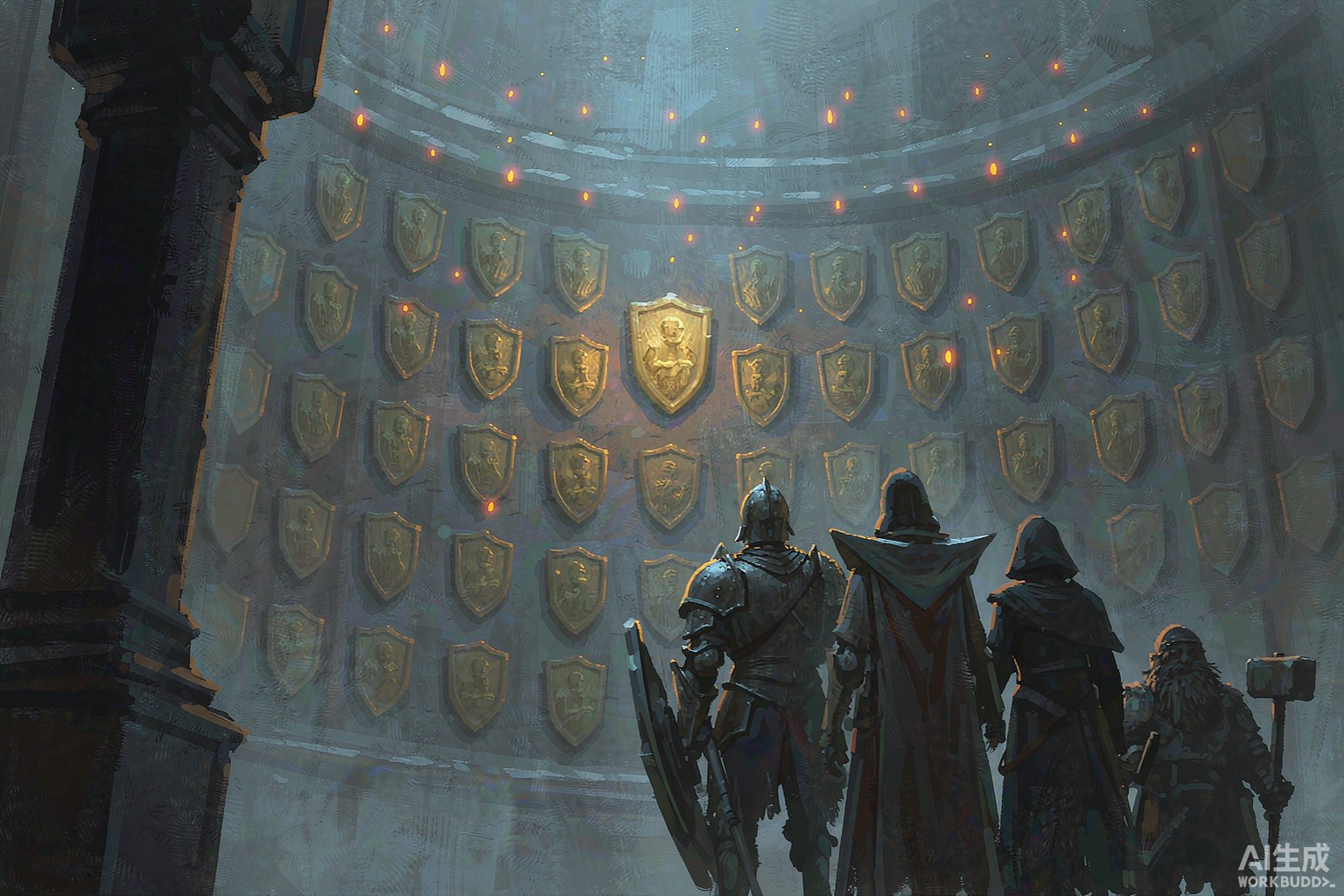Editorial illustration: adventurers of four classes stand with their backs to the viewer before a curved stone wall of sixty-five faintly glowing achievement plaques, sixteen orange sparks hovering above each figure