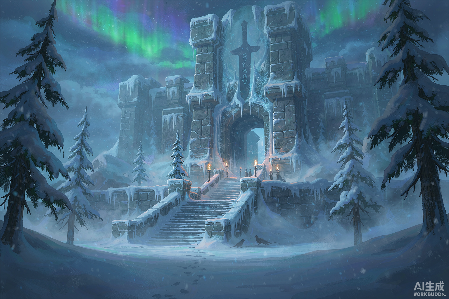 Editorial illustration: a frost-covered citadel gate at the top of a long snowy stairway under an aurora