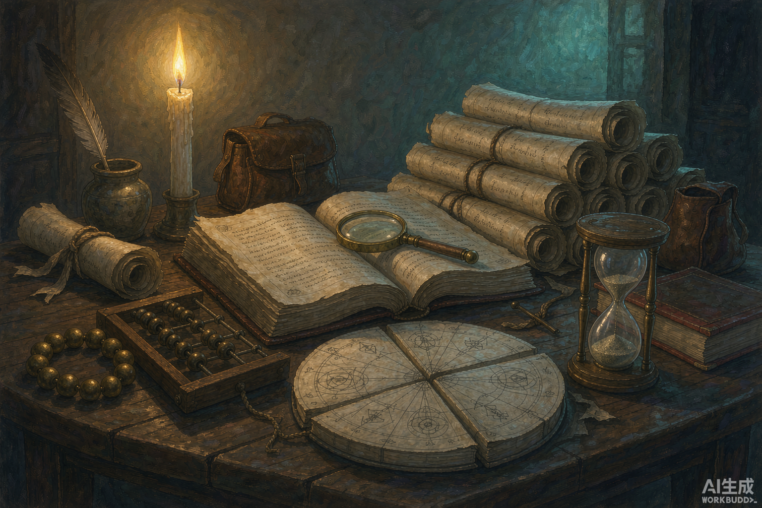 Editorial illustration of a candlelit scholar desk with a ledger of combat records, parchment logs, an abacus and a magnifying glass