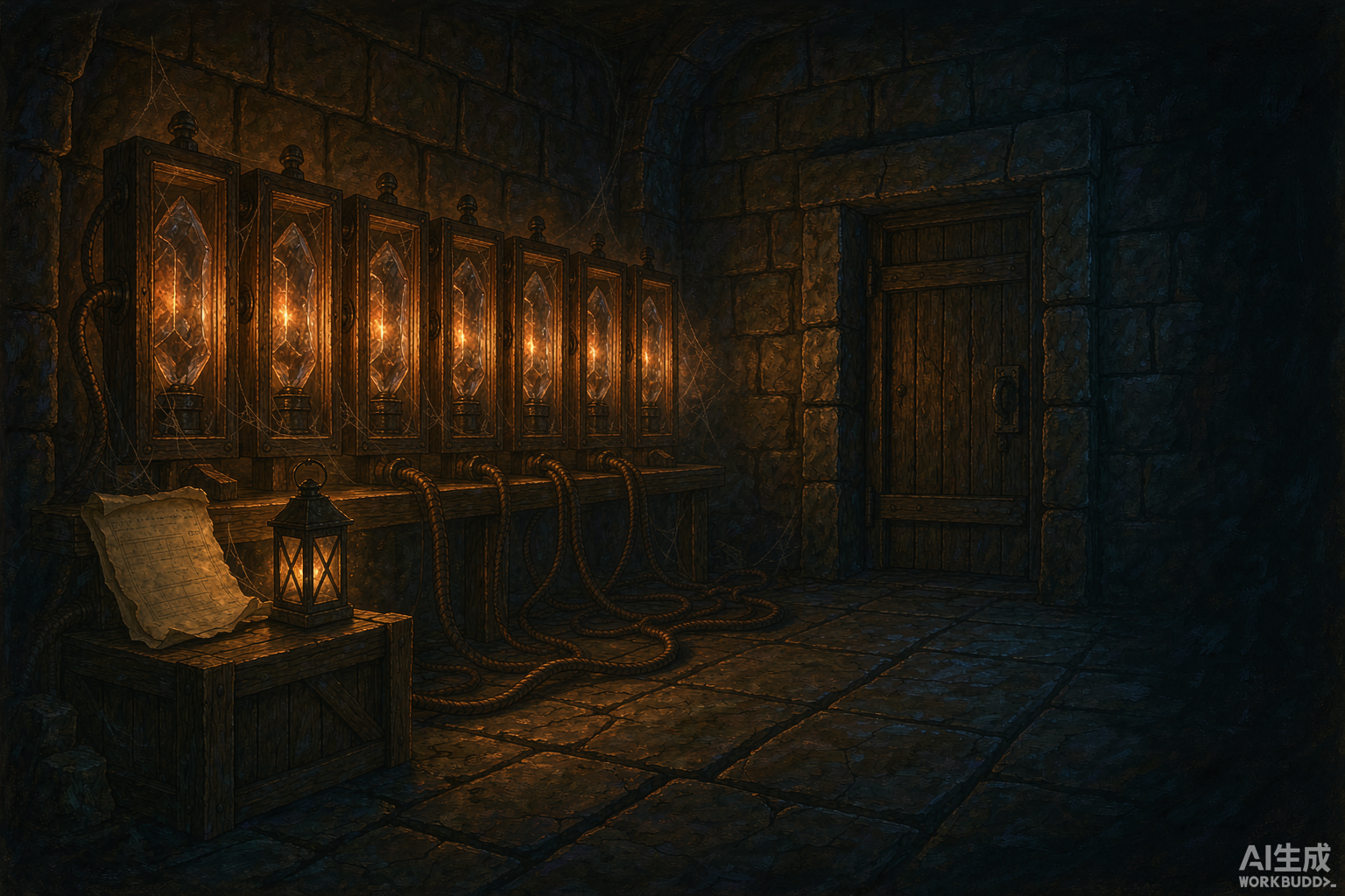 Editorial illustration: a cramped stone cellar holding a single wooden rack of glowing arcane server crystals, copper cables running to an iron door, one crystal flickering weakly