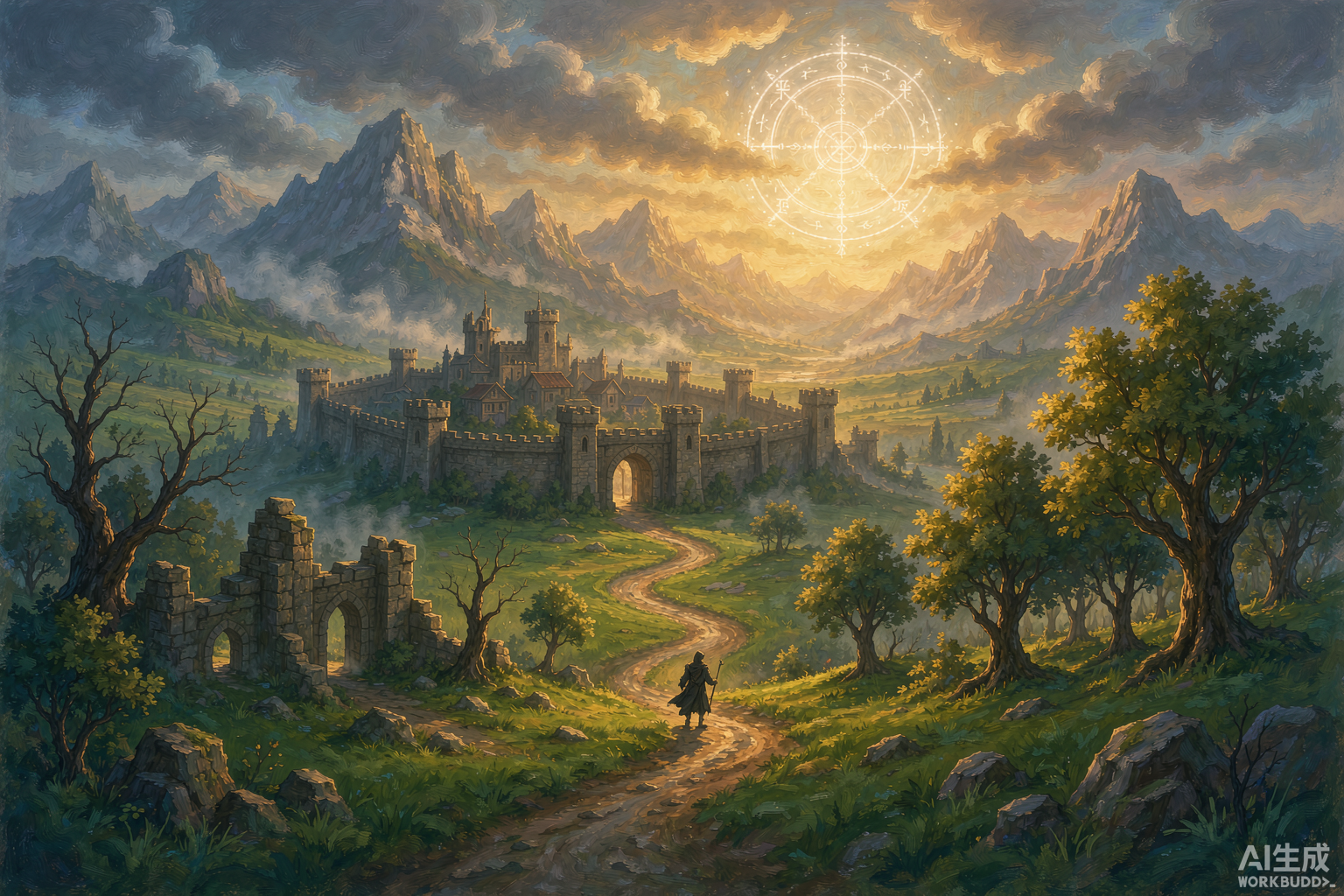 Editorial illustration of a dawn road leading toward a fortified town gate, a lone traveler walking toward a fresh start