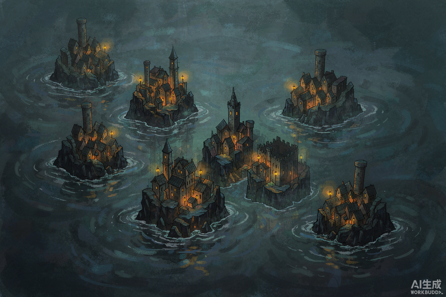 Editorial illustration: five lantern-lit islands scattered across a dark sea, one of them drawn with mirrored duplicate buildings and hidden buried vaults visible through a cutaway, while a cold searchlight sweeps the water far above them