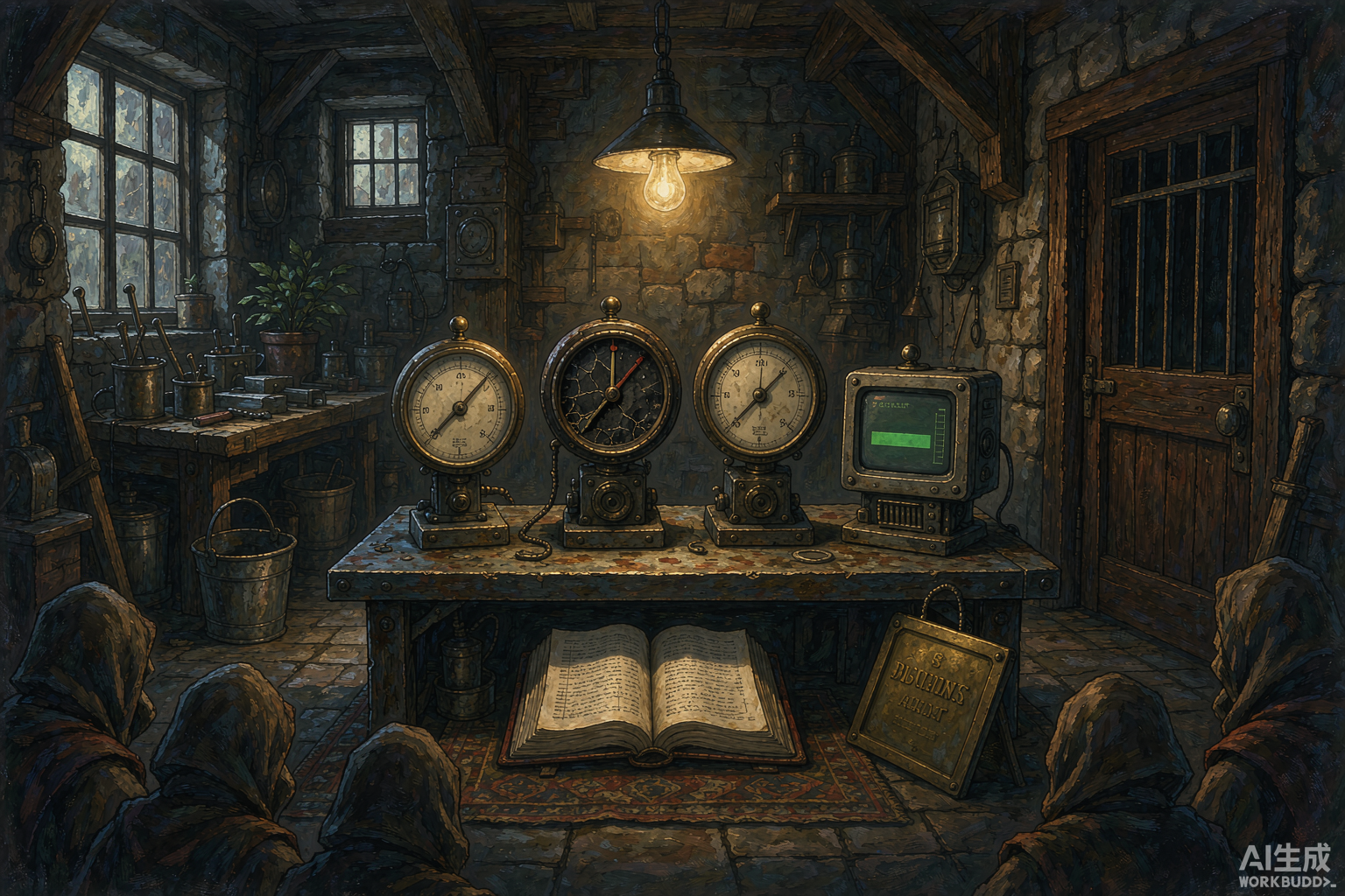 Editorial illustration: a dim record room of mismatched gauges and old monitors showing wildly different readings, one screen cracked and unplugged, while hooded adventurers wait at a closed gate