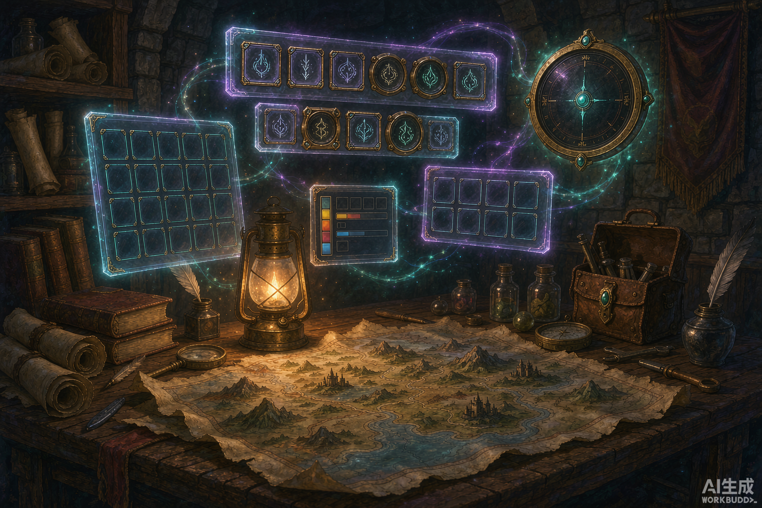 Editorial illustration: glowing translucent fantasy interface panels floating above a parchment map and an oil lantern in a stone study