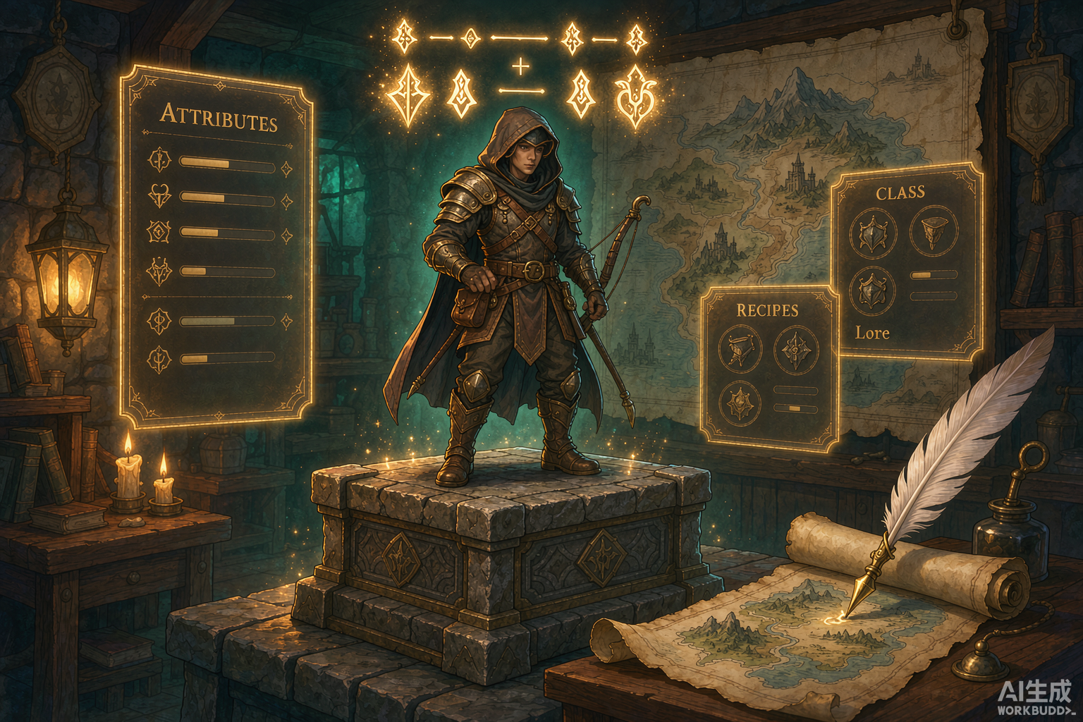 Editorial illustration of a fantasy character creation screen showing a first name and surname combining into a full name